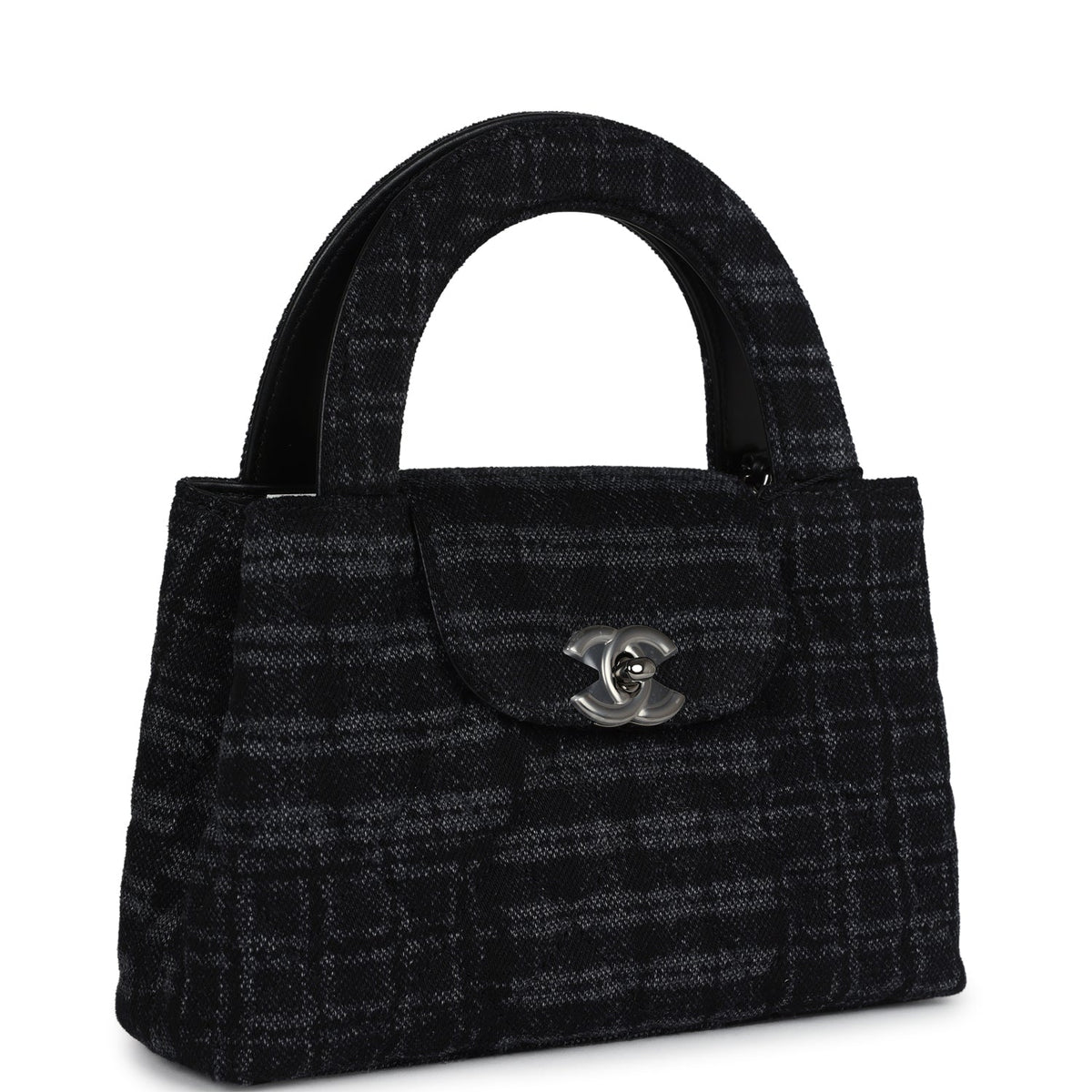 Chanel Small Kelly Shopper Dark Grey, Black Plaid Canvas Ruthenium Hardware
