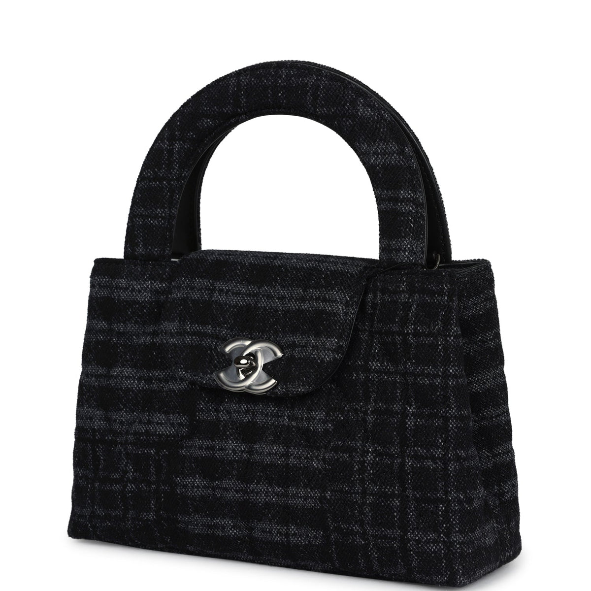 Chanel Small Kelly Shopper Dark Grey, Black Plaid Canvas Ruthenium Hardware
