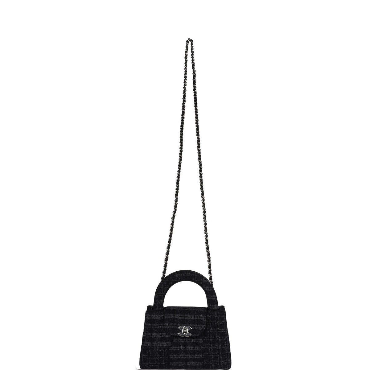 Chanel Small Kelly Shopper Dark Grey, Black Plaid Canvas Ruthenium Hardware