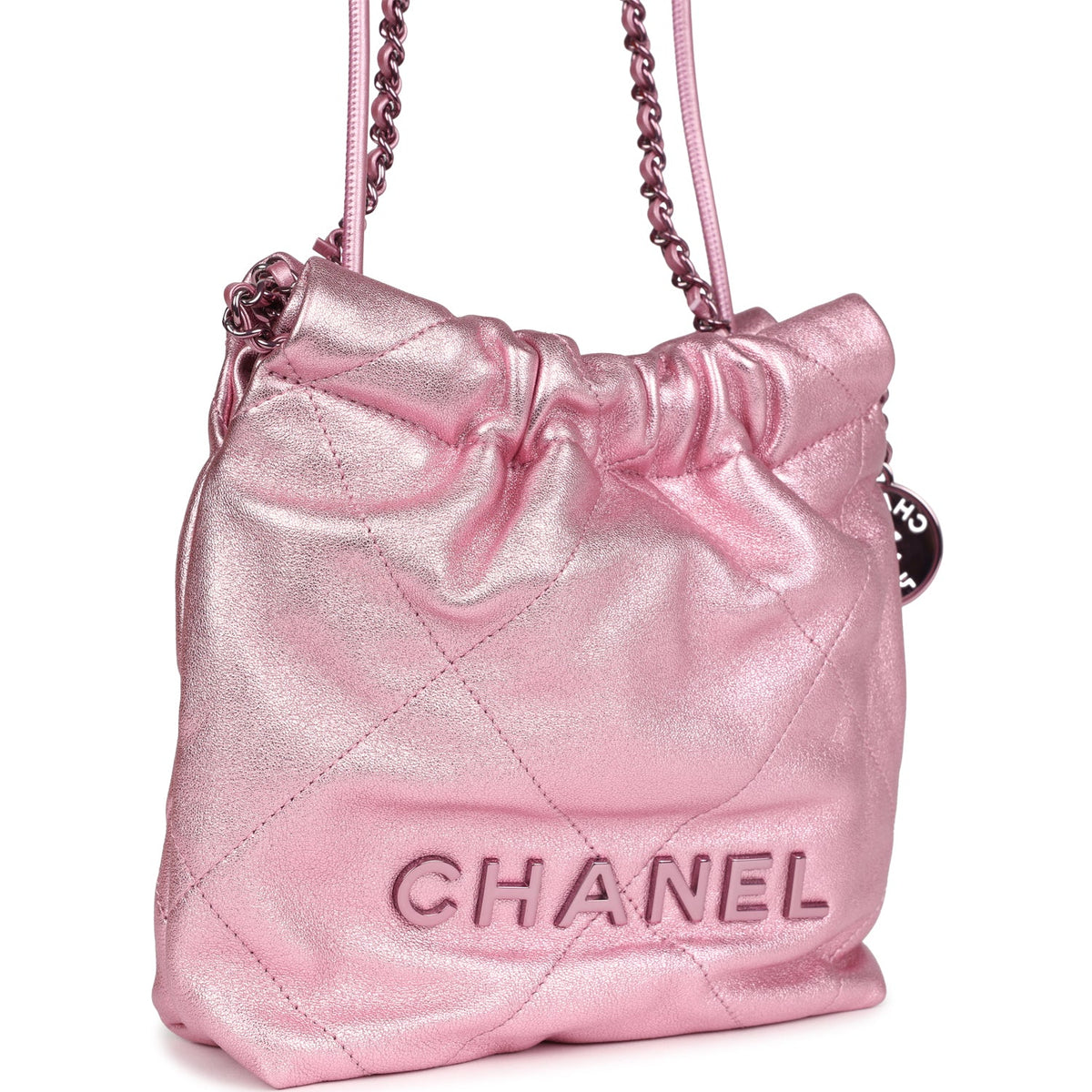 Chanel Mini 22 Bag Pink Metallic Lambskin Lacquered Metal Hardware