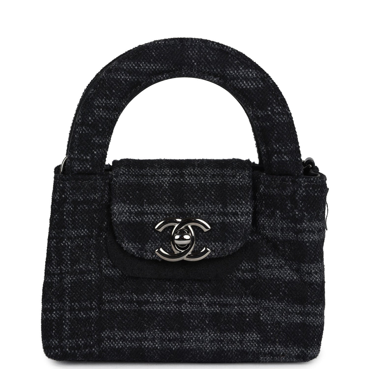 Chanel Nano Kelly Shopper Black, Grey Printed Denim Ruthenium Hardware