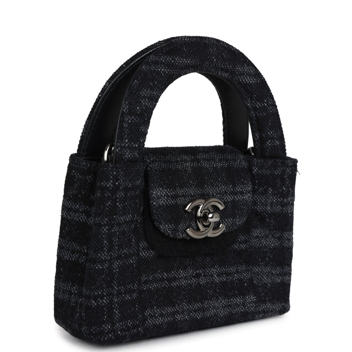 Chanel Nano Kelly Shopper Black, Grey Printed Denim Ruthenium Hardware