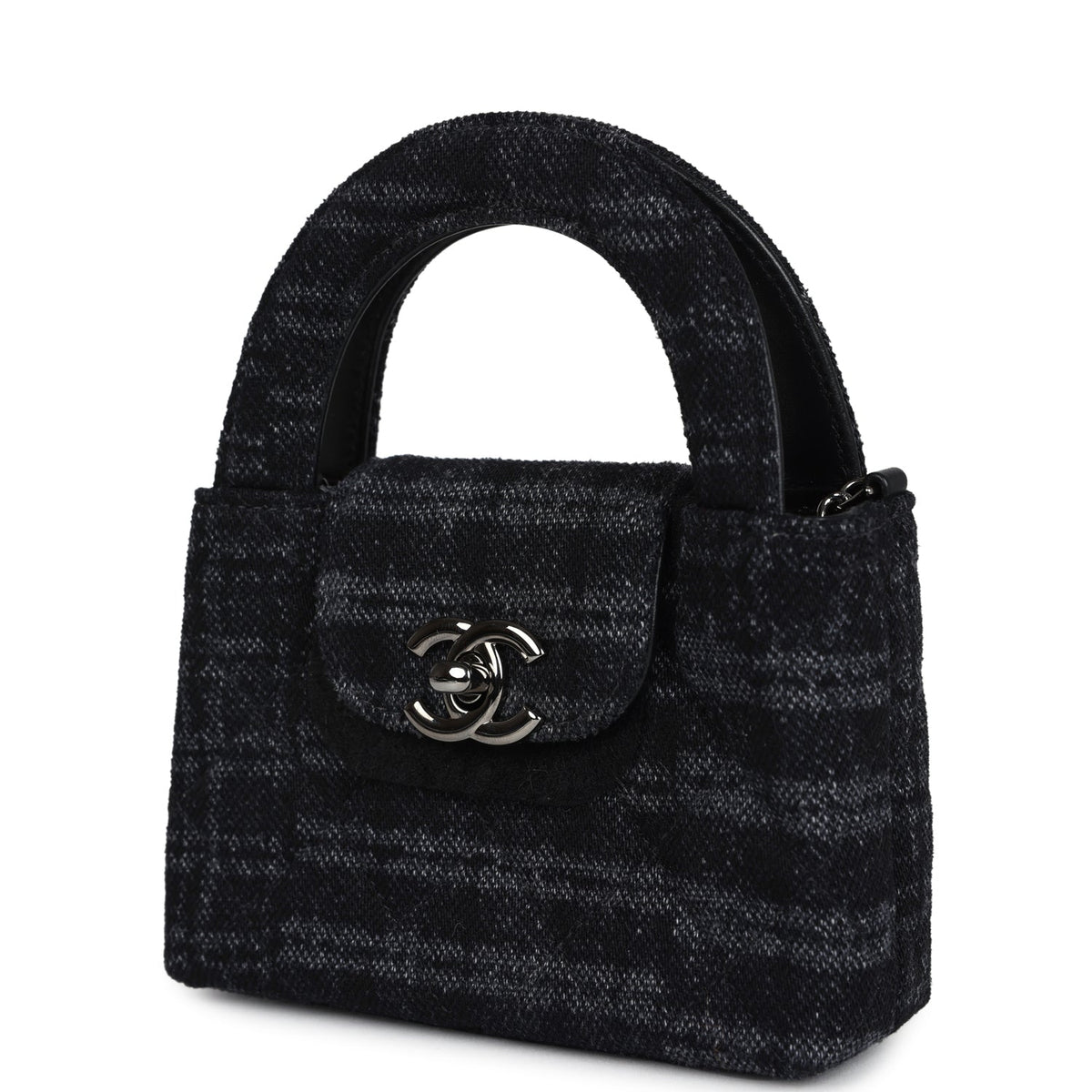 Chanel Nano Kelly Shopper Black, Grey Printed Denim Ruthenium Hardware