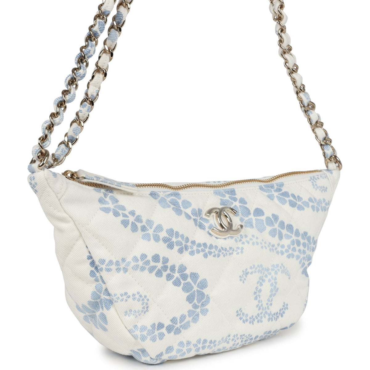 Chanel Large Coco Beach Hobo Bag in White, Blue Denim Light Gold Hardware