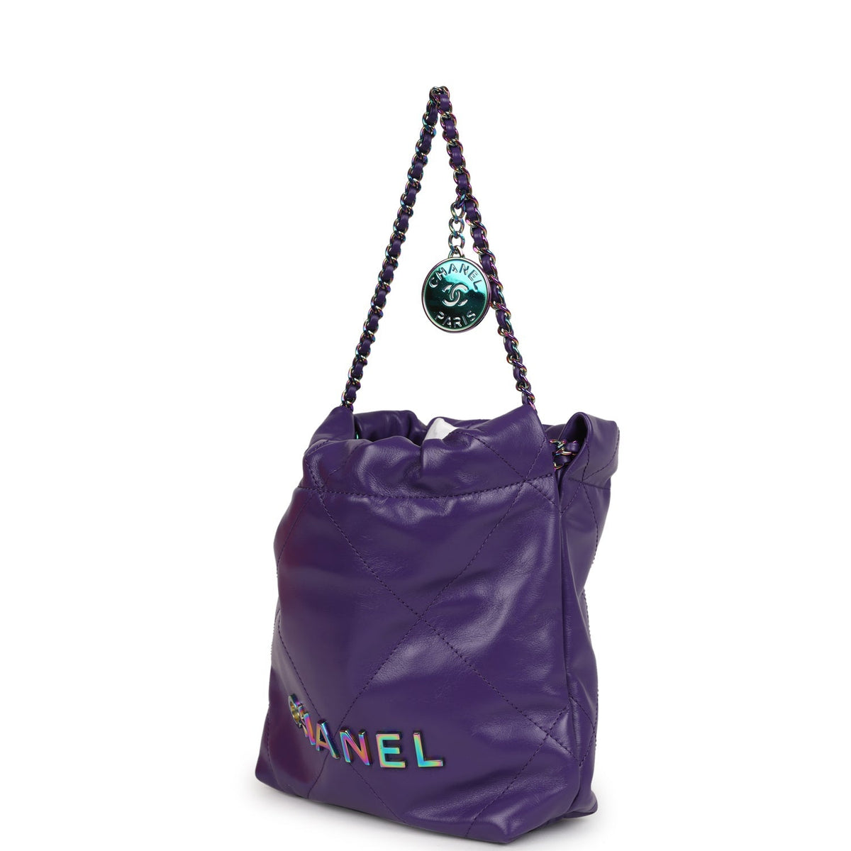 Chanel Mini 22 Bag Dark Purple Lambskin Rainbow Hardware