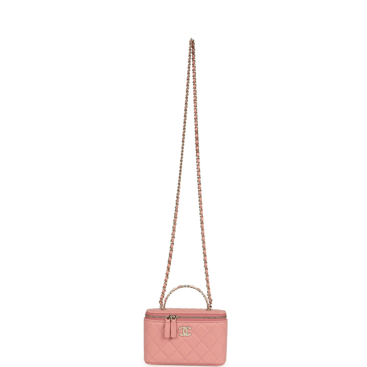 Chanel Flower Top Handle Long Vanity Case with Chain Pink Lambskin Light Gold Hardware