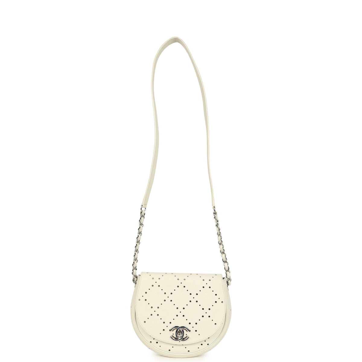 Pre-owned Chanel Perforated Messenger Bag White Caviar Silver Hardware