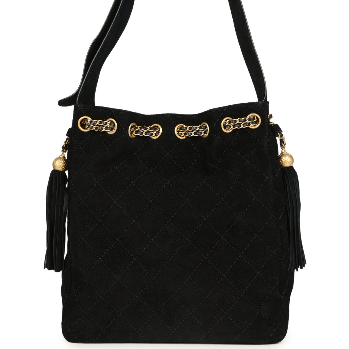 Chanel Large Drawstring Bucket Bag Black Suede Gold Hardware