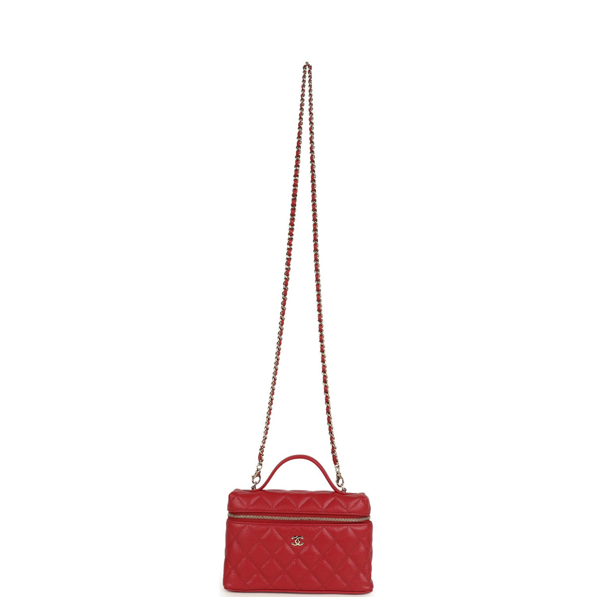Chanel Top Handle Long Vanity Case with Chain Red Shiny Caviar Light Gold Hardware