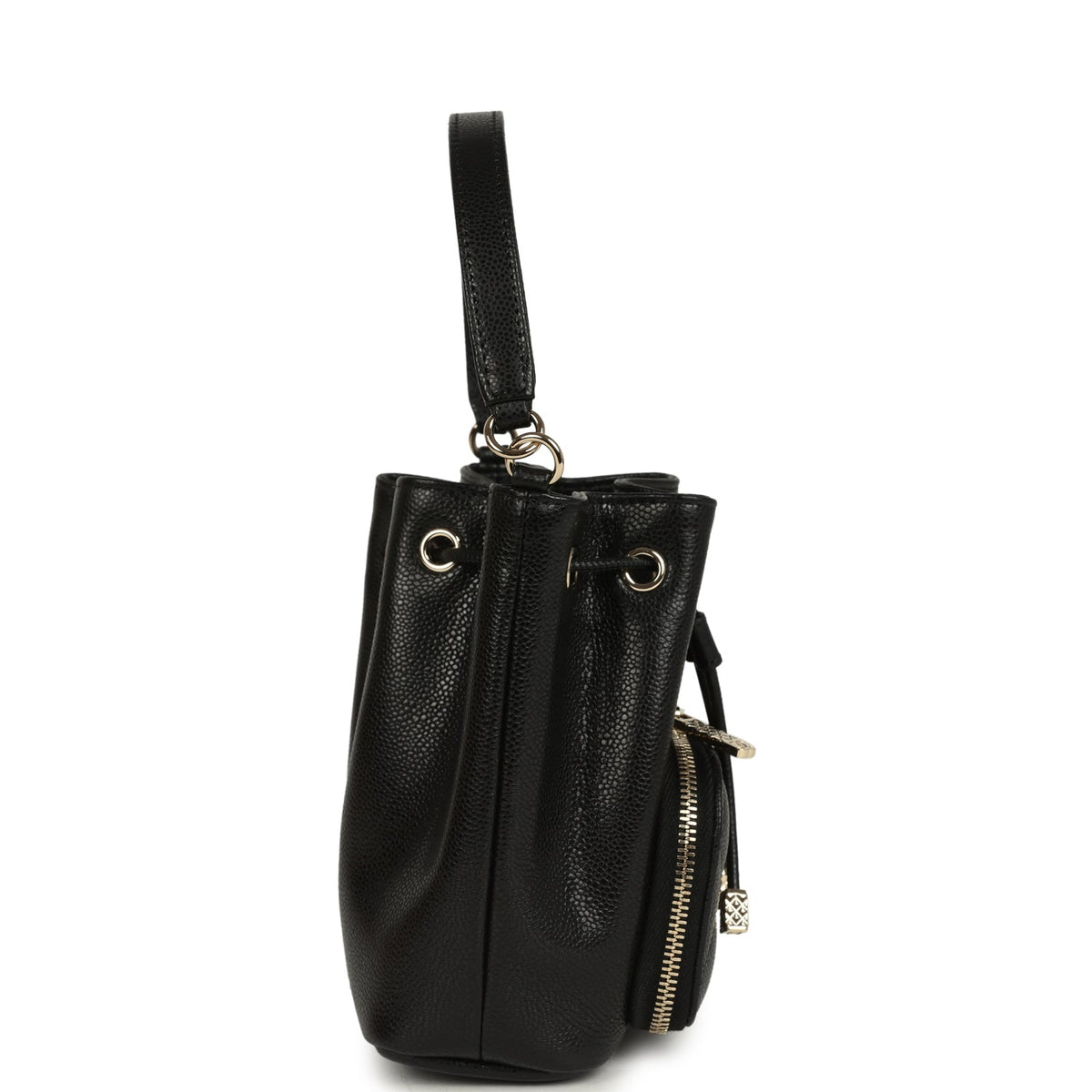 Chanel Mini Top Handle Bucket Bag with Chain Black Shiny Caviar Light Gold Hardware