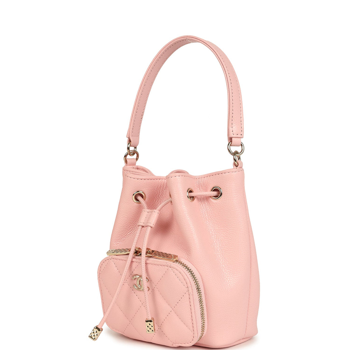 Chanel Mini Top Handle Bucket Bag with Chain Pink Shiny Caviar Light Gold Hardware