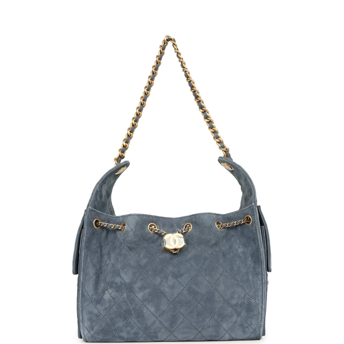Chanel Small 25 Hobo Bag Blue Suede Antique Gold Hardware
