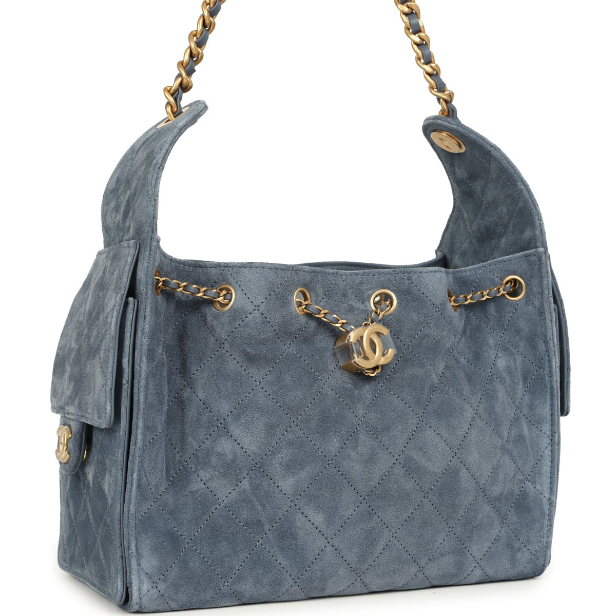 Chanel Small 25 Hobo Bag Blue Suede Antique Gold Hardware