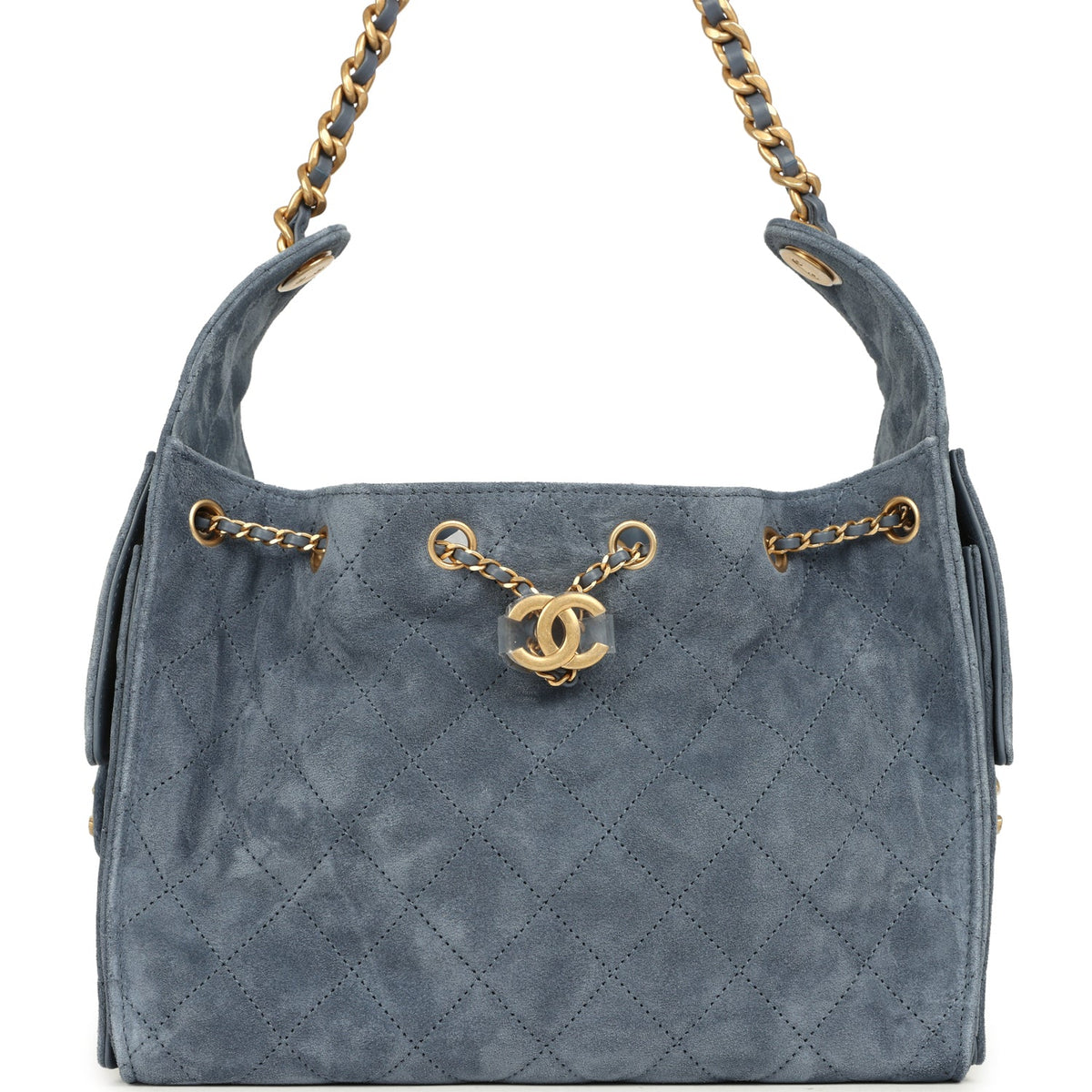Chanel Small 25 Hobo Bag Blue Suede Antique Gold Hardware