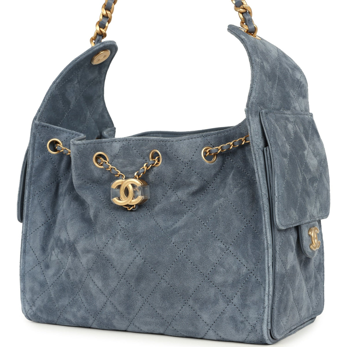 Chanel Small 25 Hobo Bag Blue Suede Antique Gold Hardware
