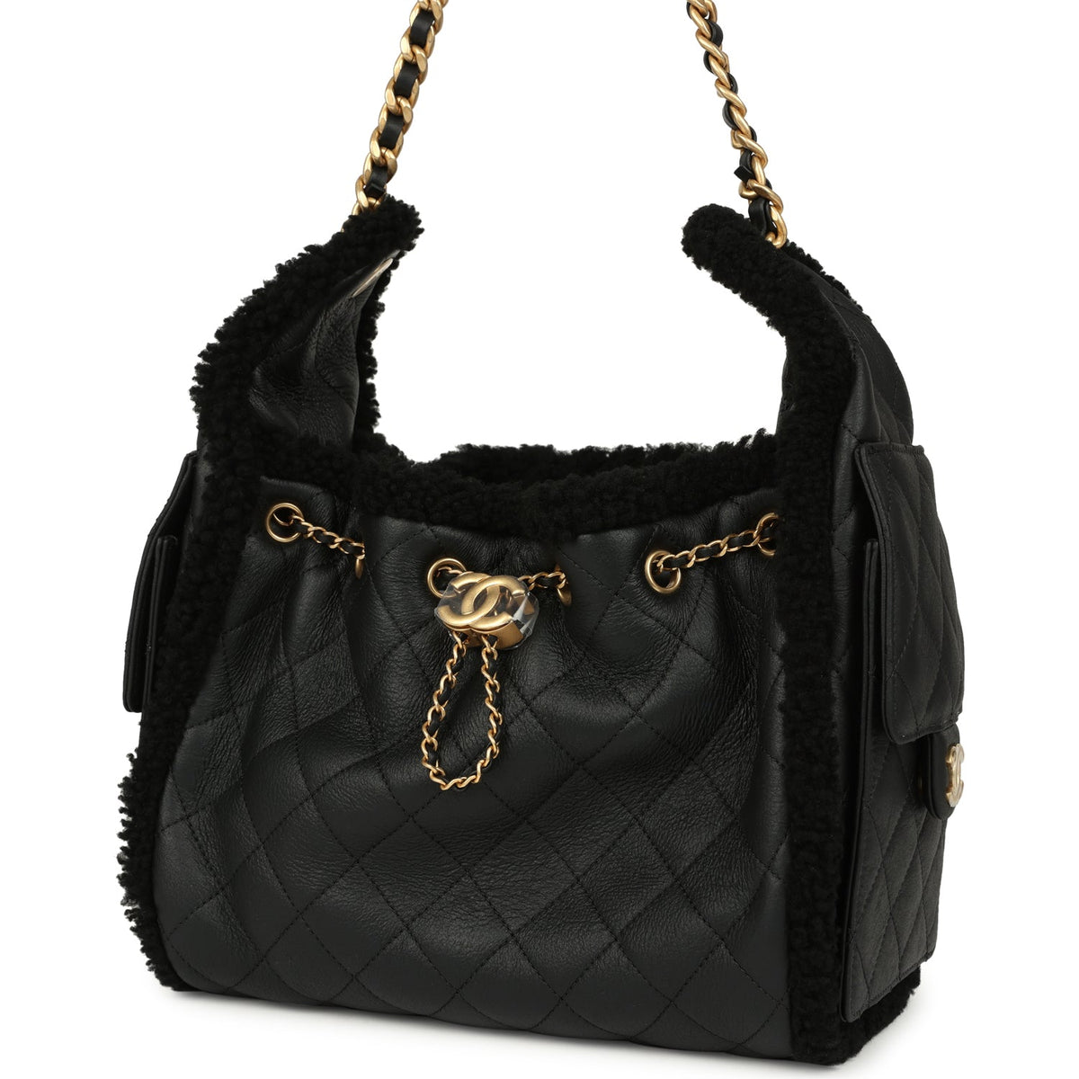 Chanel Small 25 Hobo Bag Black Crumpled Sheepskin and Shearling Antique Gold Hardware
