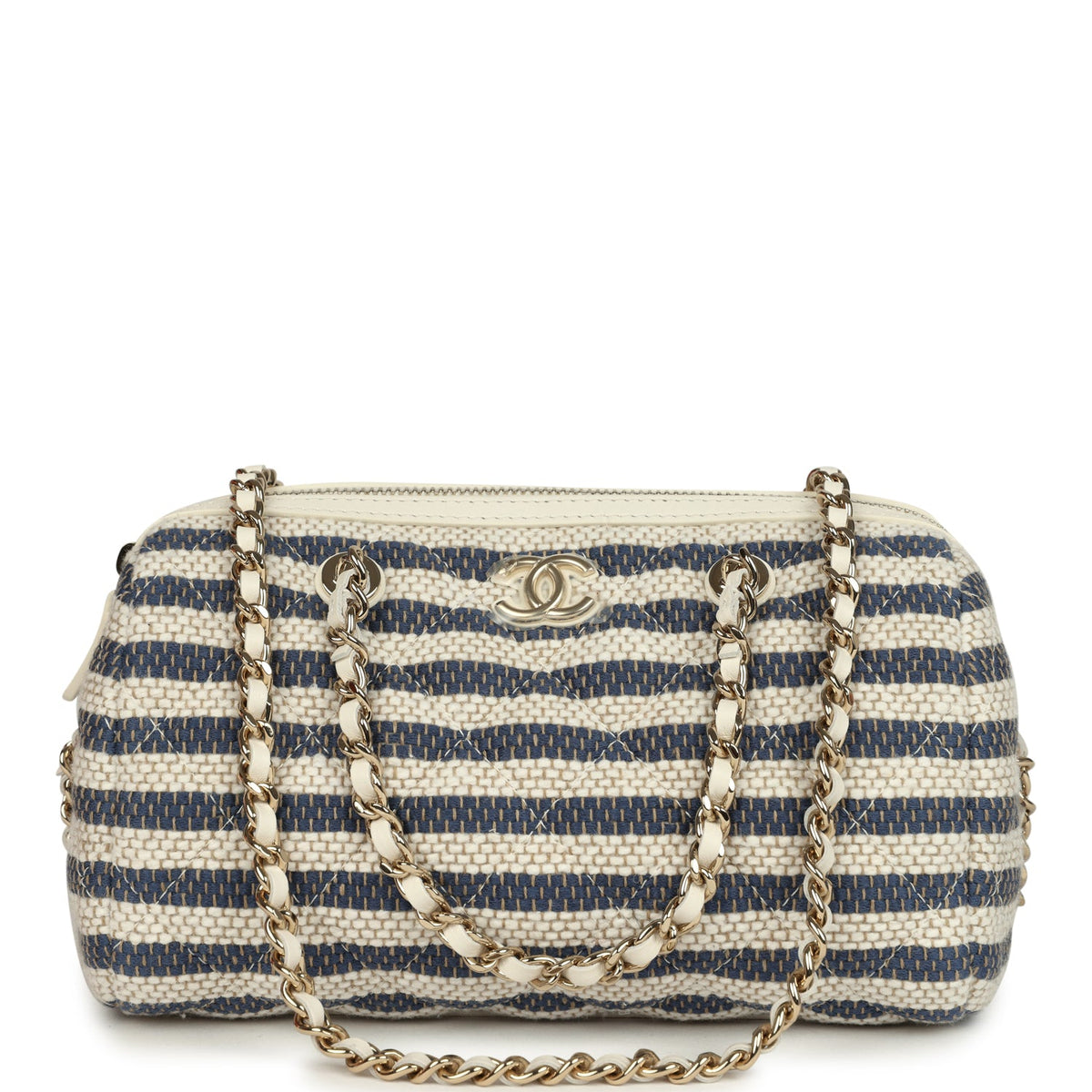 Chanel Mini Timeless Classic Barrel Bag with Chain Light Beige, Dark Blue Striped Woven Fabric Light Gold Hardware