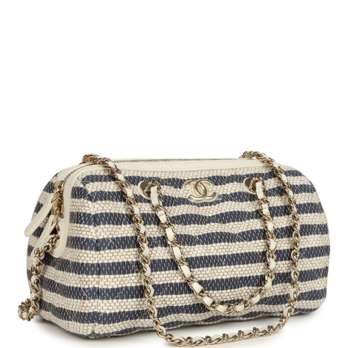Chanel Mini Timeless Classic Barrel Bag with Chain Light Beige, Dark Blue Striped Woven Fabric Light Gold Hardware