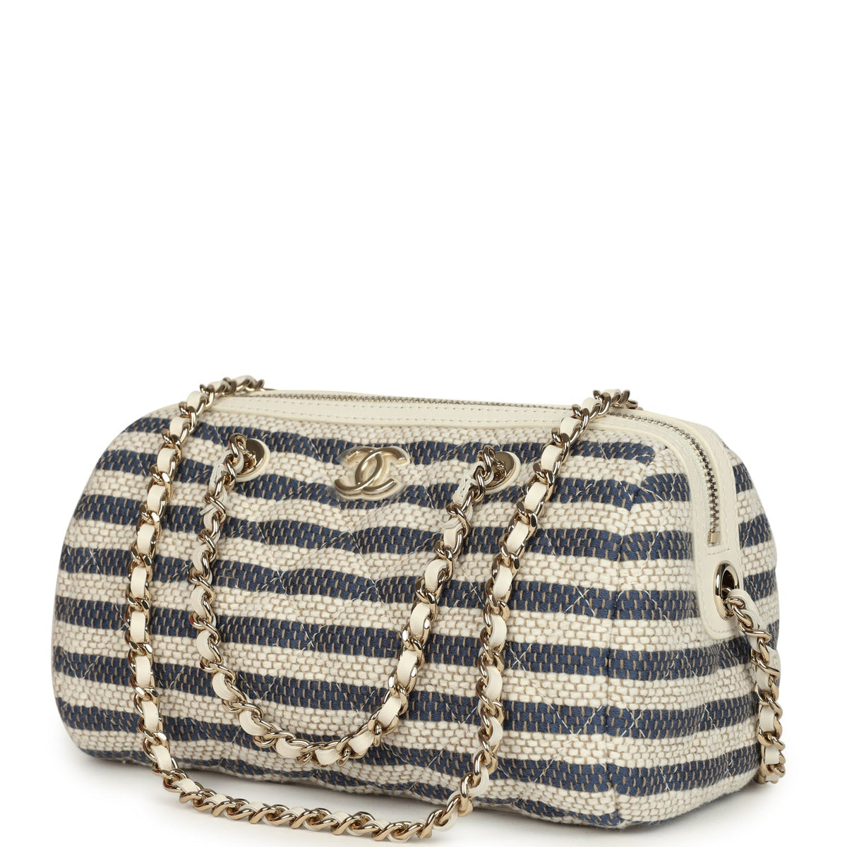 Chanel Mini Timeless Classic Barrel Bag with Chain Light Beige, Dark Blue Striped Woven Fabric Light Gold Hardware