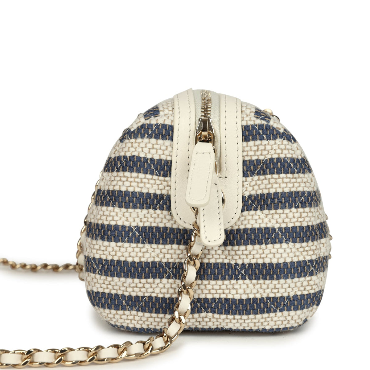 Chanel Mini Timeless Classic Barrel Bag with Chain Light Beige, Dark Blue Striped Woven Fabric Light Gold Hardware