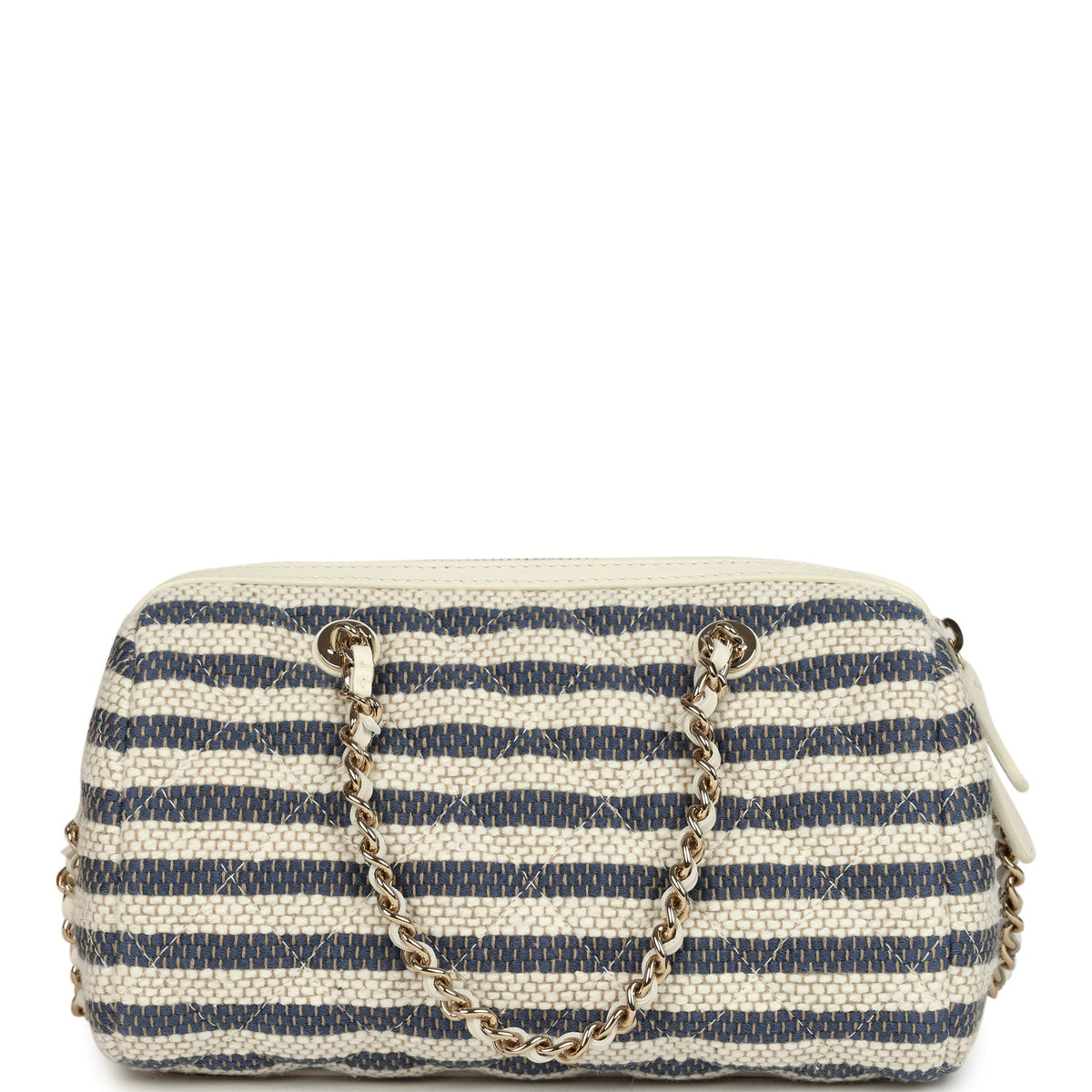 Chanel Mini Timeless Classic Barrel Bag with Chain Light Beige, Dark Blue Striped Woven Fabric Light Gold Hardware