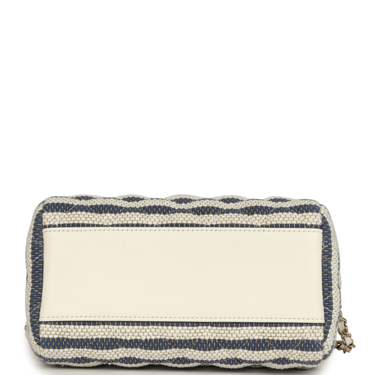 Chanel Mini Timeless Classic Barrel Bag with Chain Light Beige, Dark Blue Striped Woven Fabric Light Gold Hardware