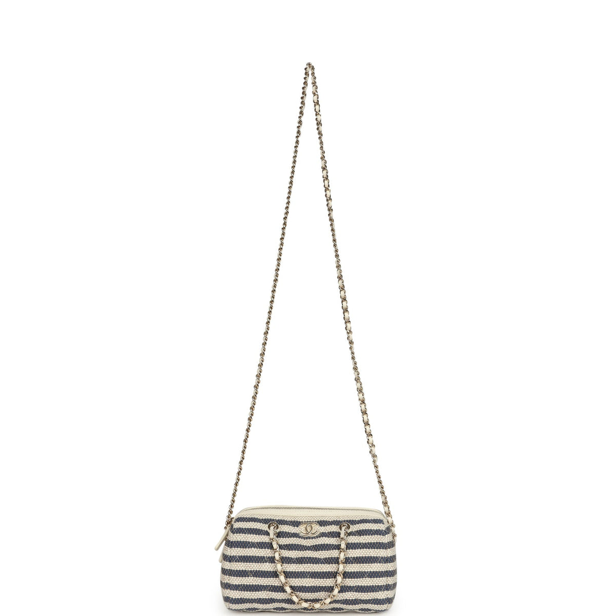 Chanel Mini Timeless Classic Barrel Bag with Chain Light Beige, Dark Blue Striped Woven Fabric Light Gold Hardware