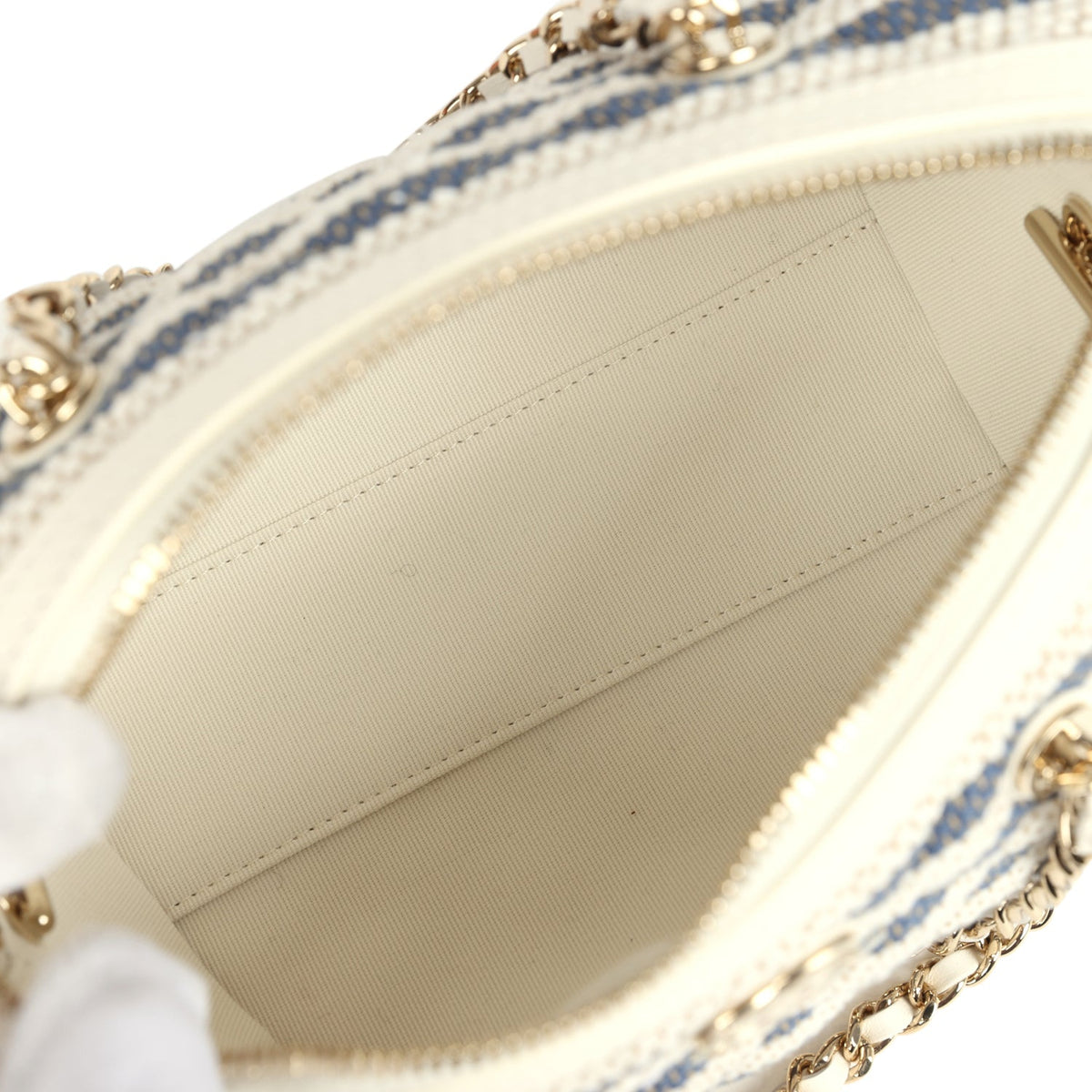 Chanel Mini Timeless Classic Barrel Bag with Chain Light Beige, Dark Blue Striped Woven Fabric Light Gold Hardware