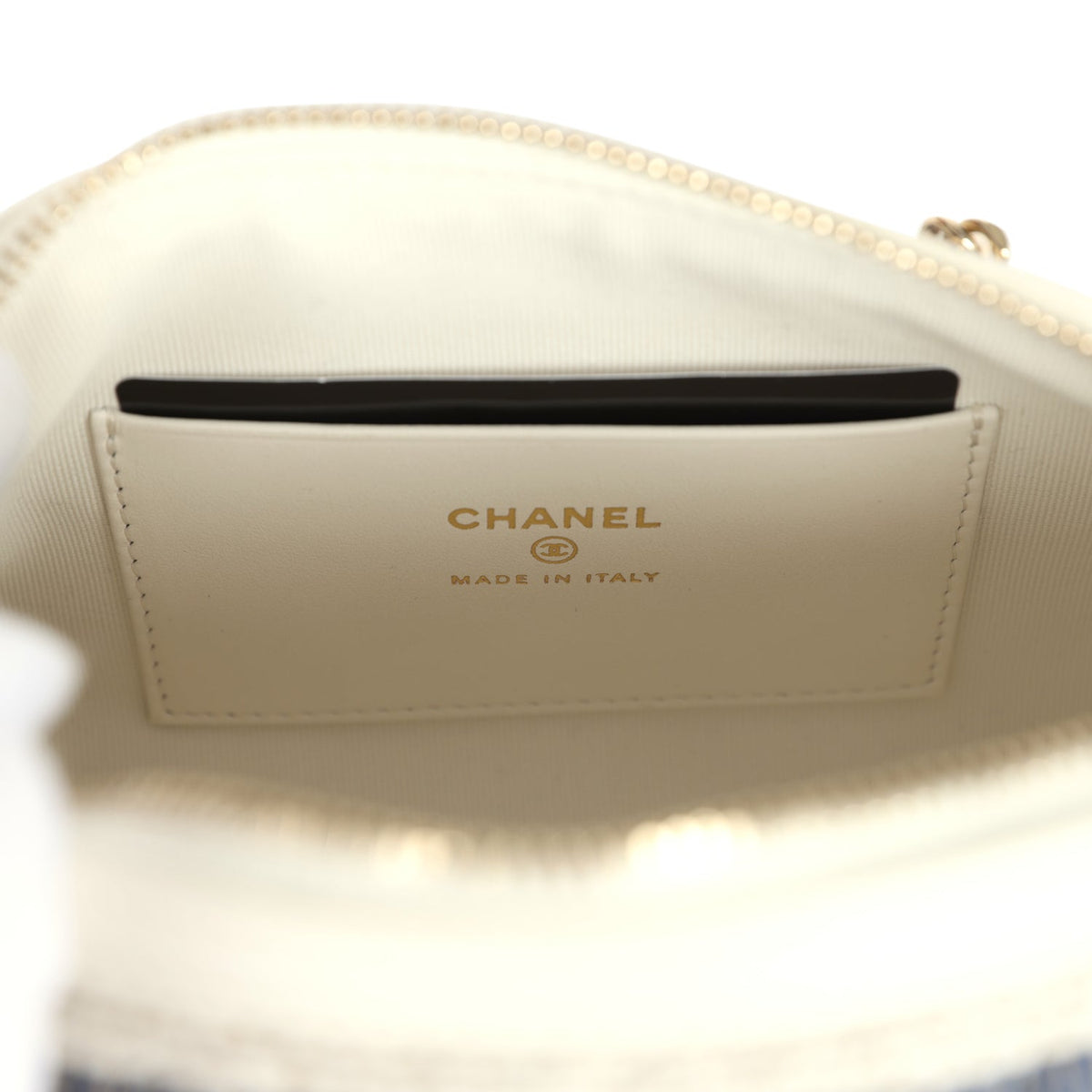 Chanel Mini Timeless Classic Barrel Bag with Chain Light Beige, Dark Blue Striped Woven Fabric Light Gold Hardware