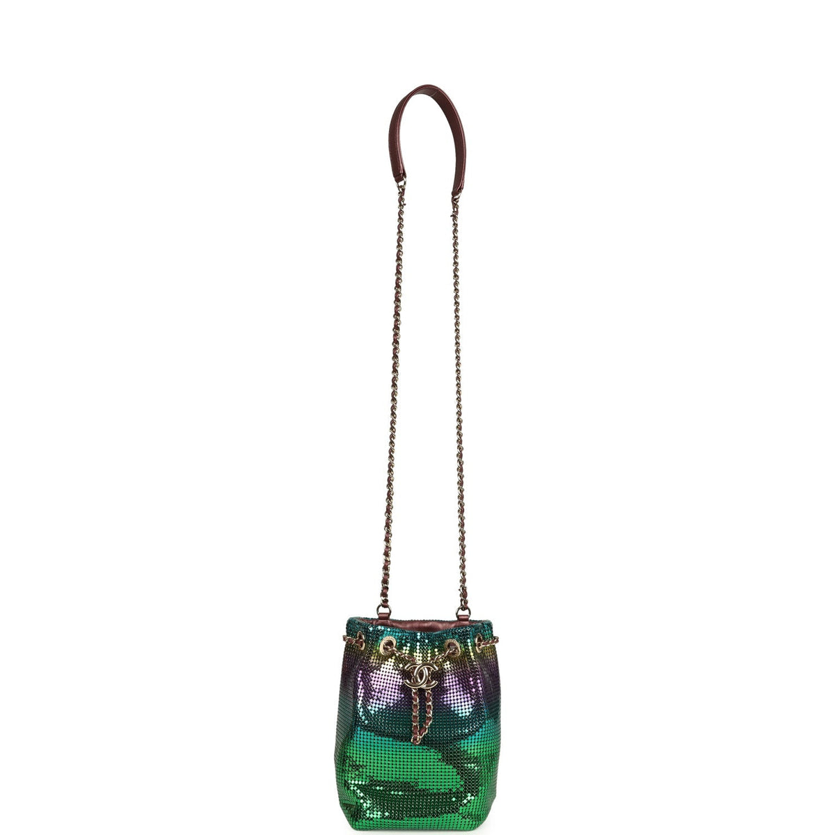 Pre-owned Chanel Mini Bucket Bag Green, Purple and Blue Ombre Metallic Mesh Light Gold Hardware