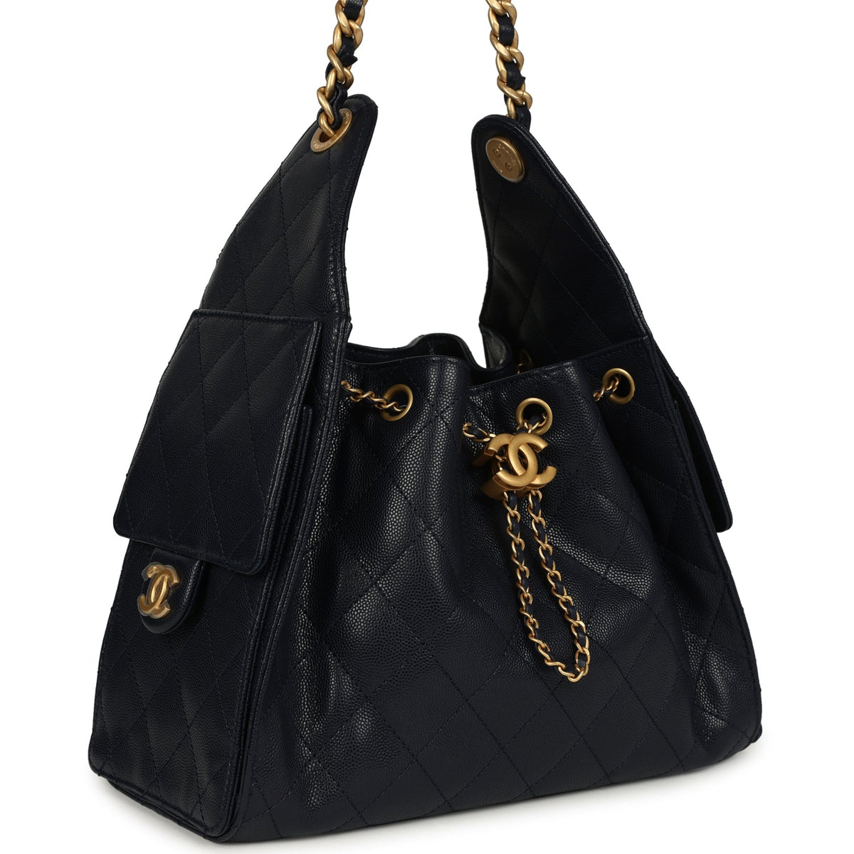 Chanel Small 25 Hobo Bag Dark Navy Caviar Antique Gold Hardware
