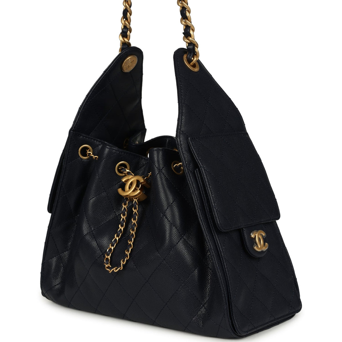 Chanel Small 25 Hobo Bag Dark Navy Caviar Antique Gold Hardware