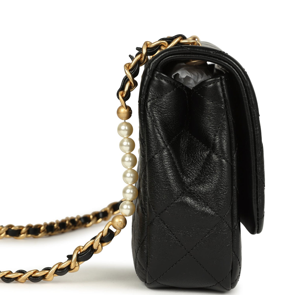 Chanel Small Pearl Flap Bag Black Shiny Calfskin Brushed Gold Hardware