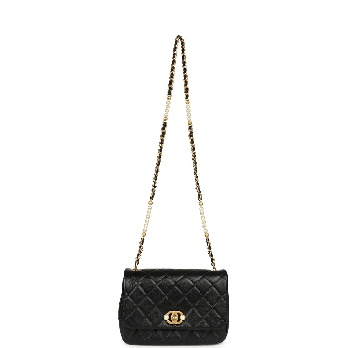 Chanel Small Pearl Flap Bag Black Shiny Calfskin Brushed Gold Hardware