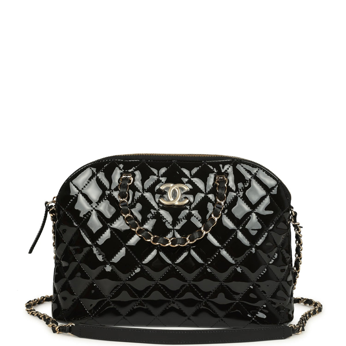 Chanel Top Handle Shopping Bag Black Patent Leather Gold Hardware
