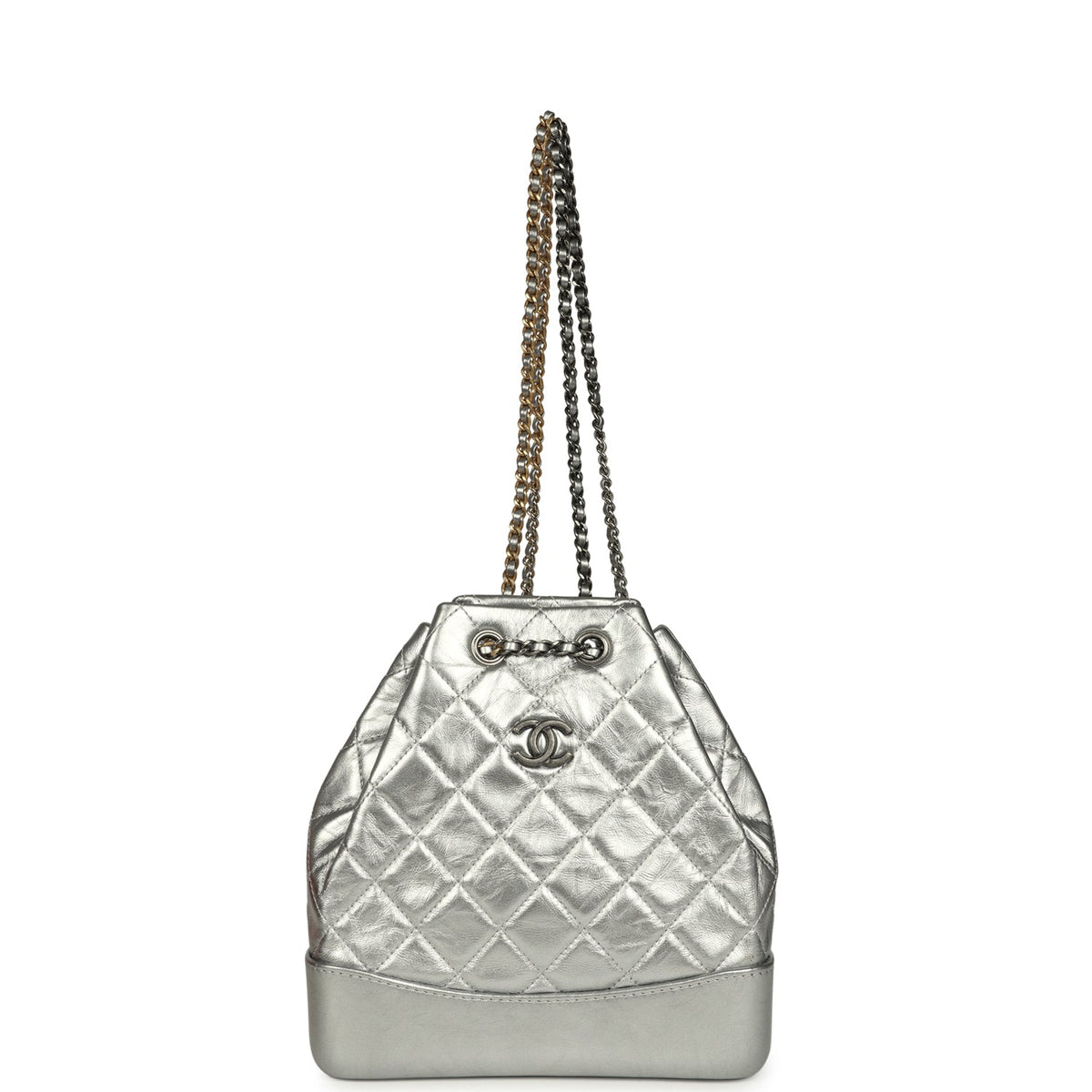 Pre-owned Chanel Small Gabrielle Backpack Metallic Silver Aged Calfskin Mixed Metal Hardware
