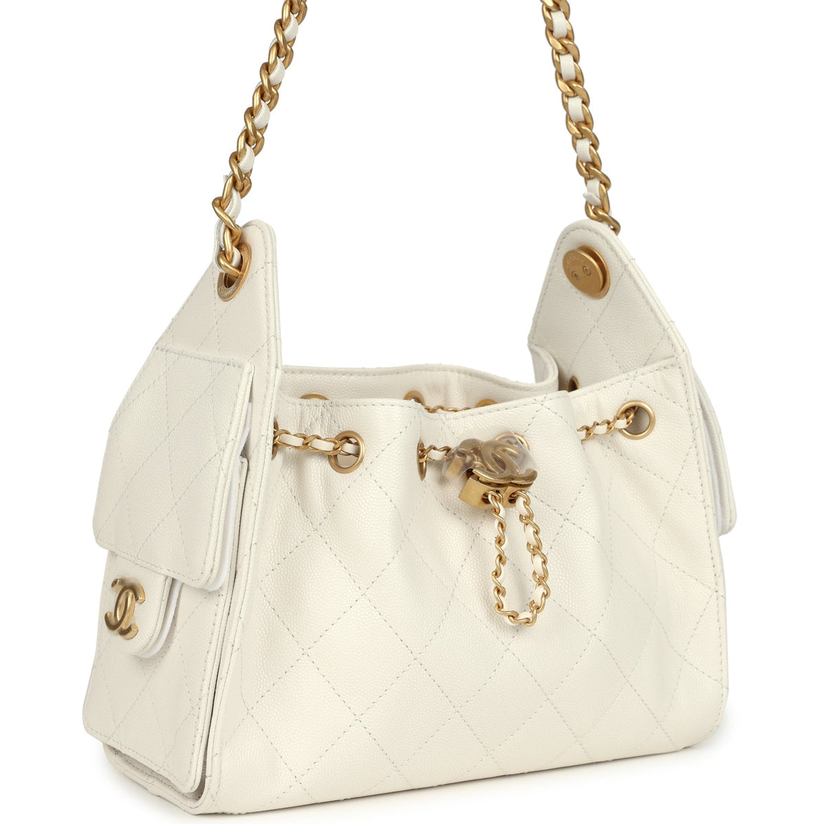 Chanel Mini 25 Hobo Bag White Caviar Antique Gold Hardware