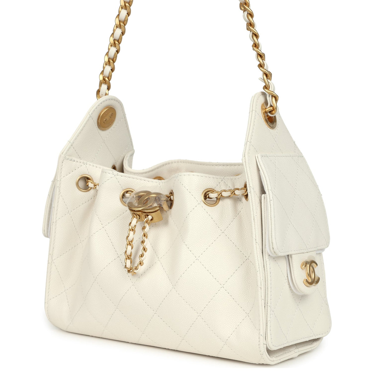 Chanel Mini 25 Hobo Bag White Caviar Antique Gold Hardware