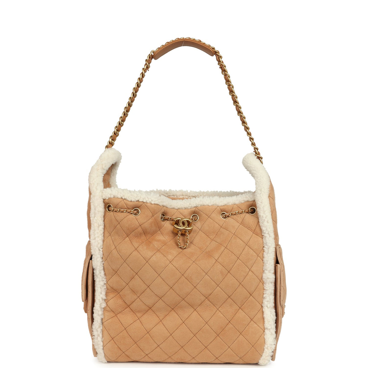 Chanel Medium 25 Hobo Bag Beige Suede and White Shearling Antique Gold Hardware
