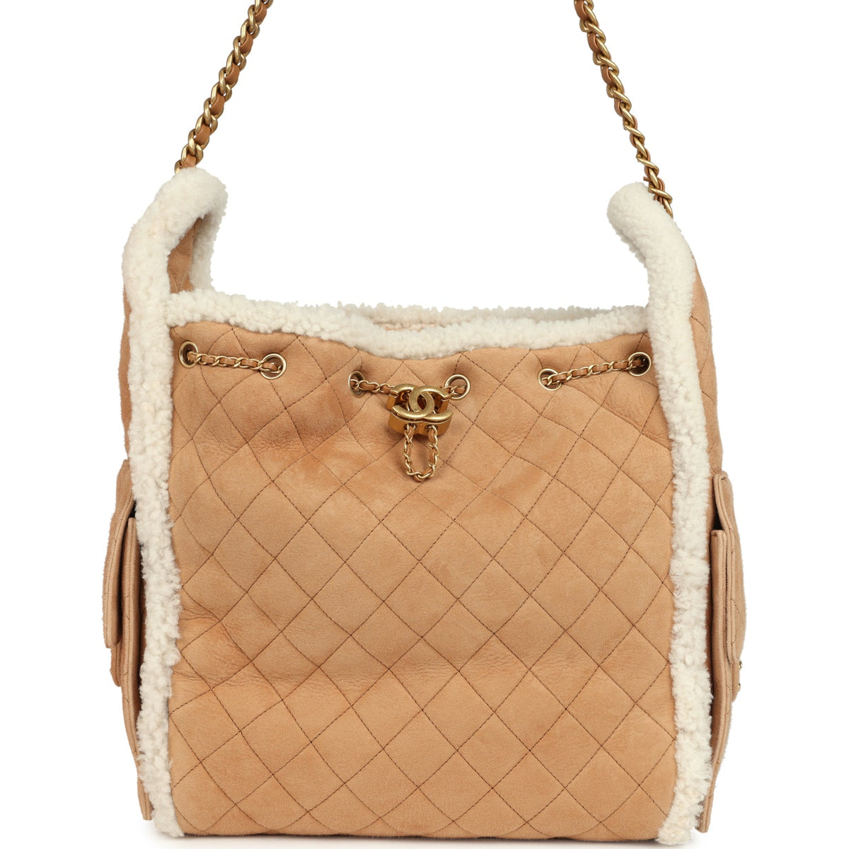 Chanel Medium 25 Hobo Bag Beige Suede and White Shearling Antique Gold Hardware