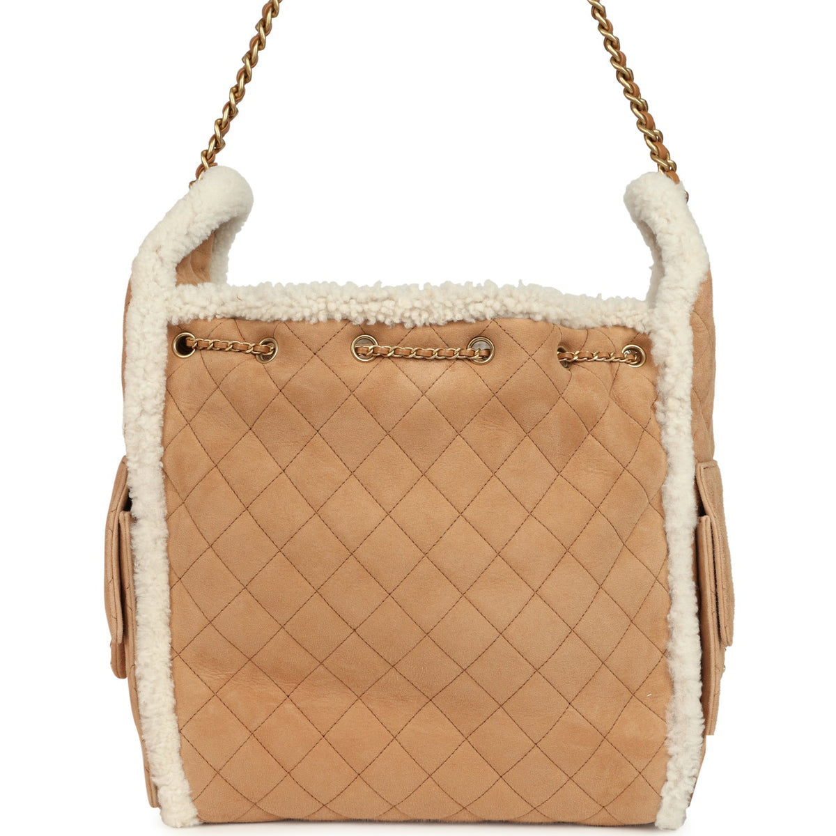 Chanel Medium 25 Hobo Bag Beige Suede and White Shearling Antique Gold Hardware