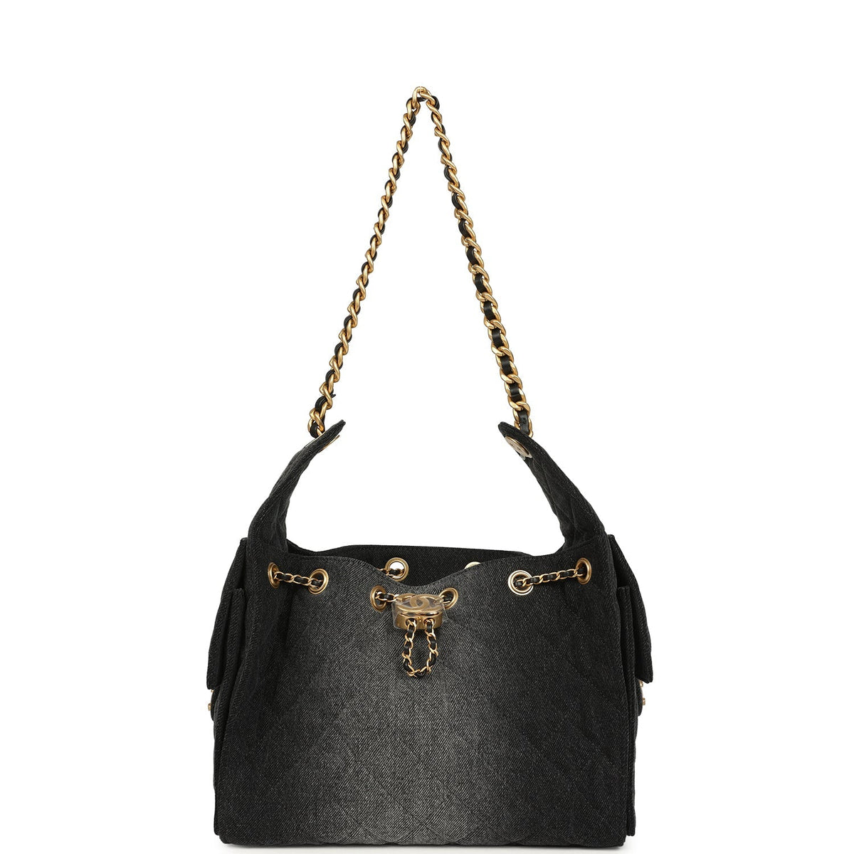 Chanel Small 25 Hobo Bag Black Washed Denim Antique Gold Hardware