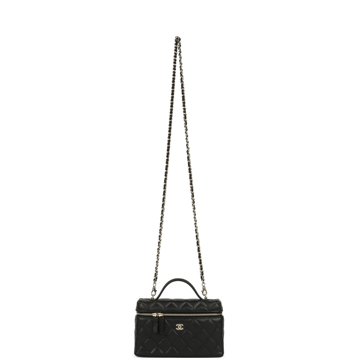 Chanel Top Handle Long Vanity Case with Chain Black Caviar Light Gold Hardware