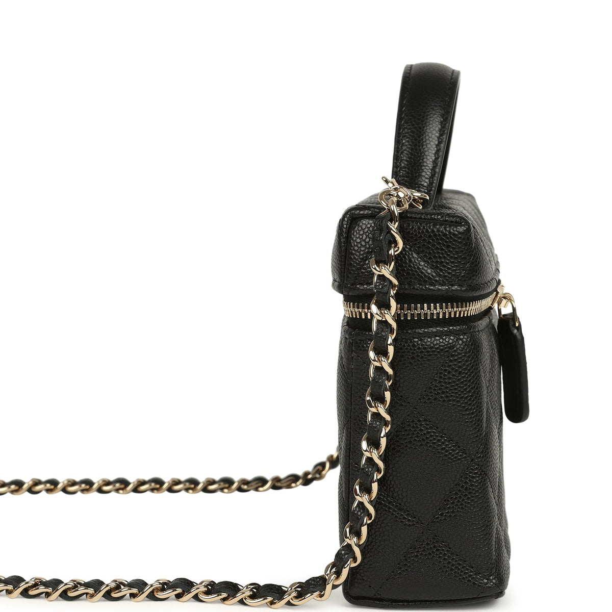 Chanel Top Handle Long Vanity Case with Chain Black Caviar Light Gold Hardware
