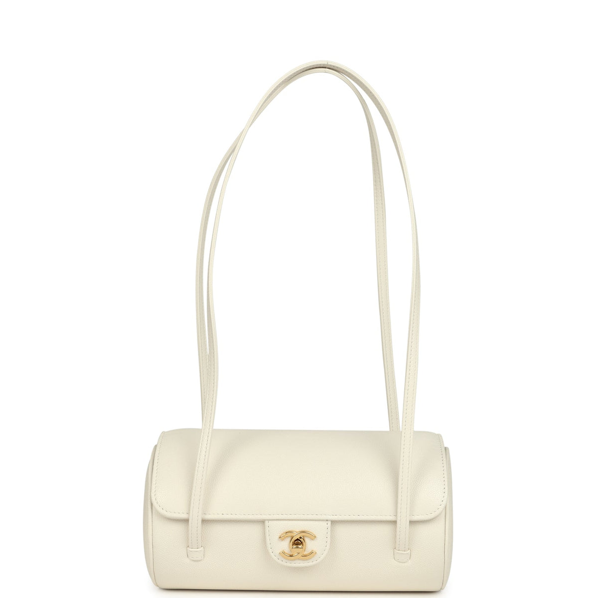 Chanel Preppy Coco Bowling Bag White Shiny Caviar Brushed Gold Hardware