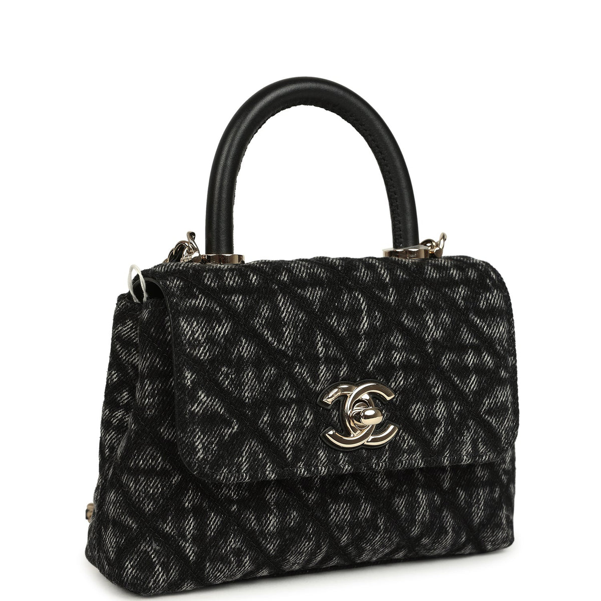 Chanel Nano Coco Top Handle Flap Bag Black Washed Denim Light Gold Hardware