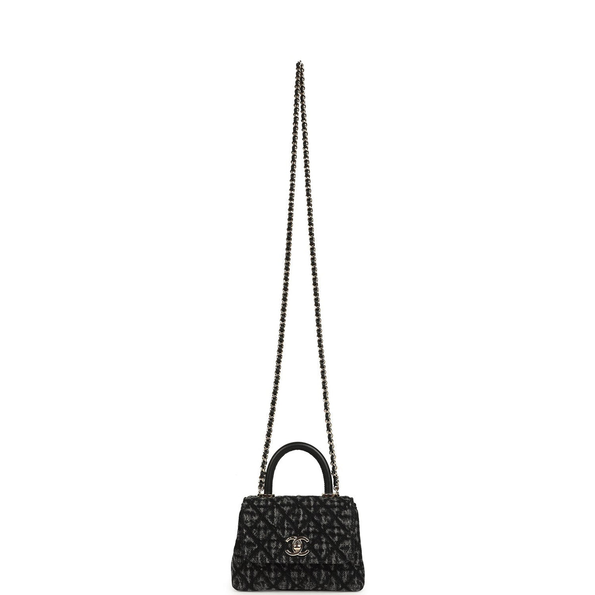 Chanel Nano Coco Top Handle Flap Bag Black Washed Denim Light Gold Hardware