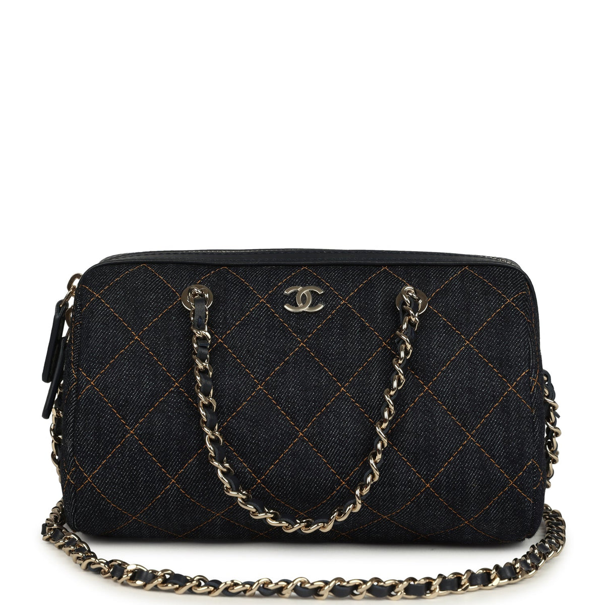 Chanel Mini Timeless Classic Barrel Bag with Chain Dark Blue Denim Light Gold Hardware