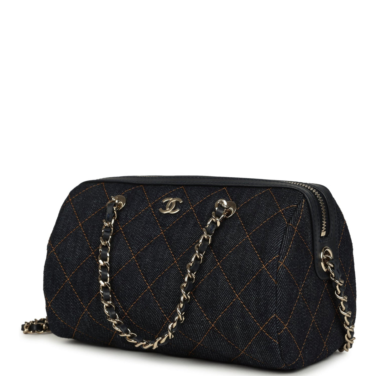 Chanel Mini Timeless Classic Barrel Bag with Chain Dark Blue Denim Light Gold Hardware