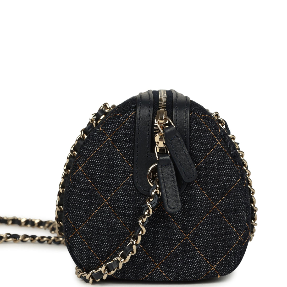 Chanel Mini Timeless Classic Barrel Bag with Chain Dark Blue Denim Light Gold Hardware